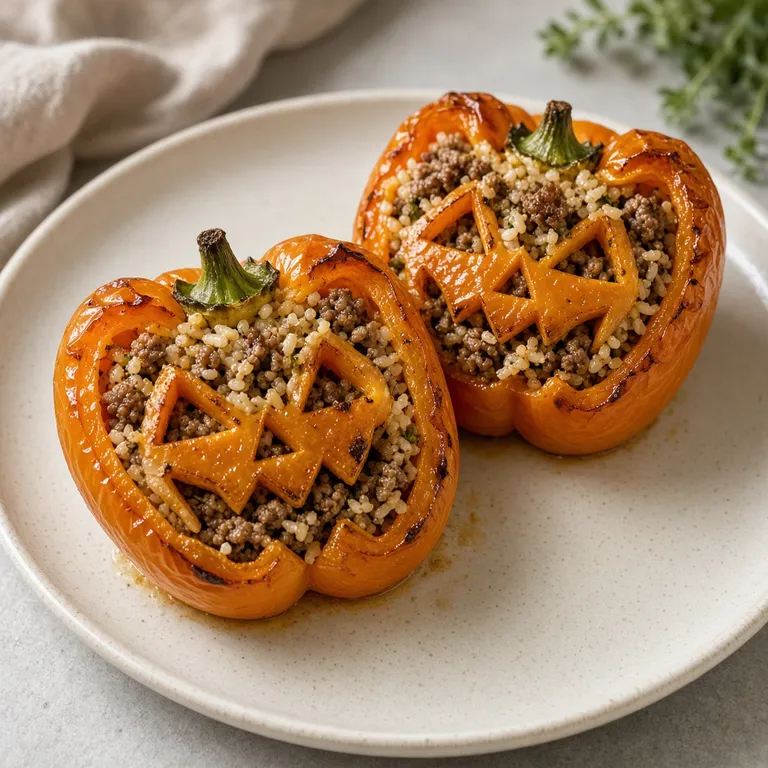 Fyldte Halloween-peberfrugter med ris og oksekød