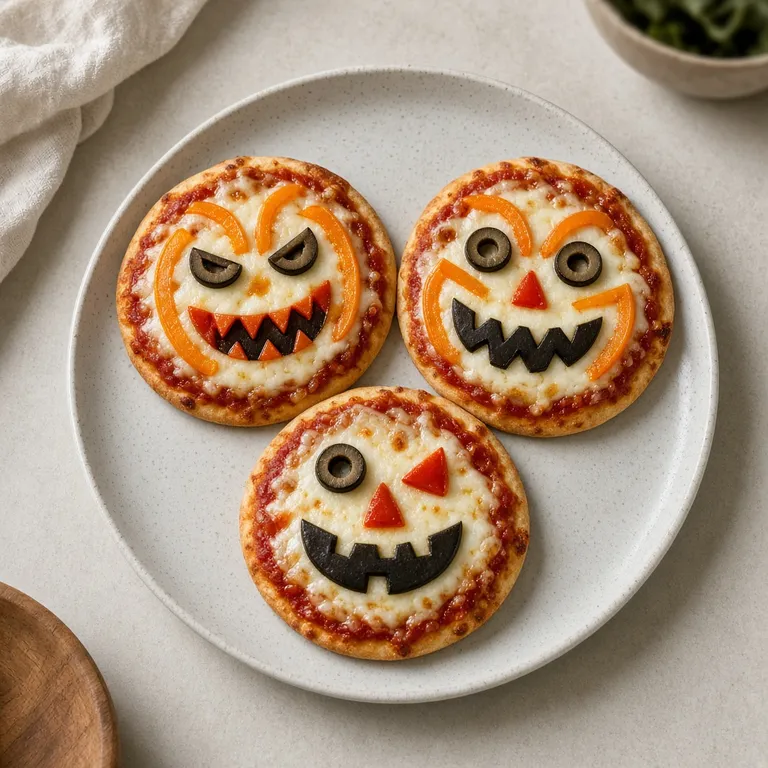 Halloween-pizzaer med græskaransigt