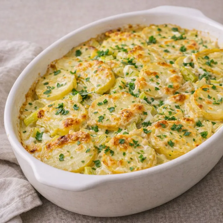 Kartoffelfad med porrer og ost
