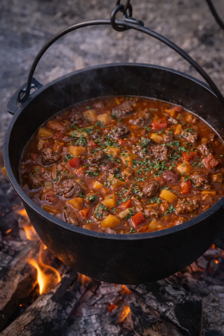 Klassisches Gulasch am Lagerfeuer