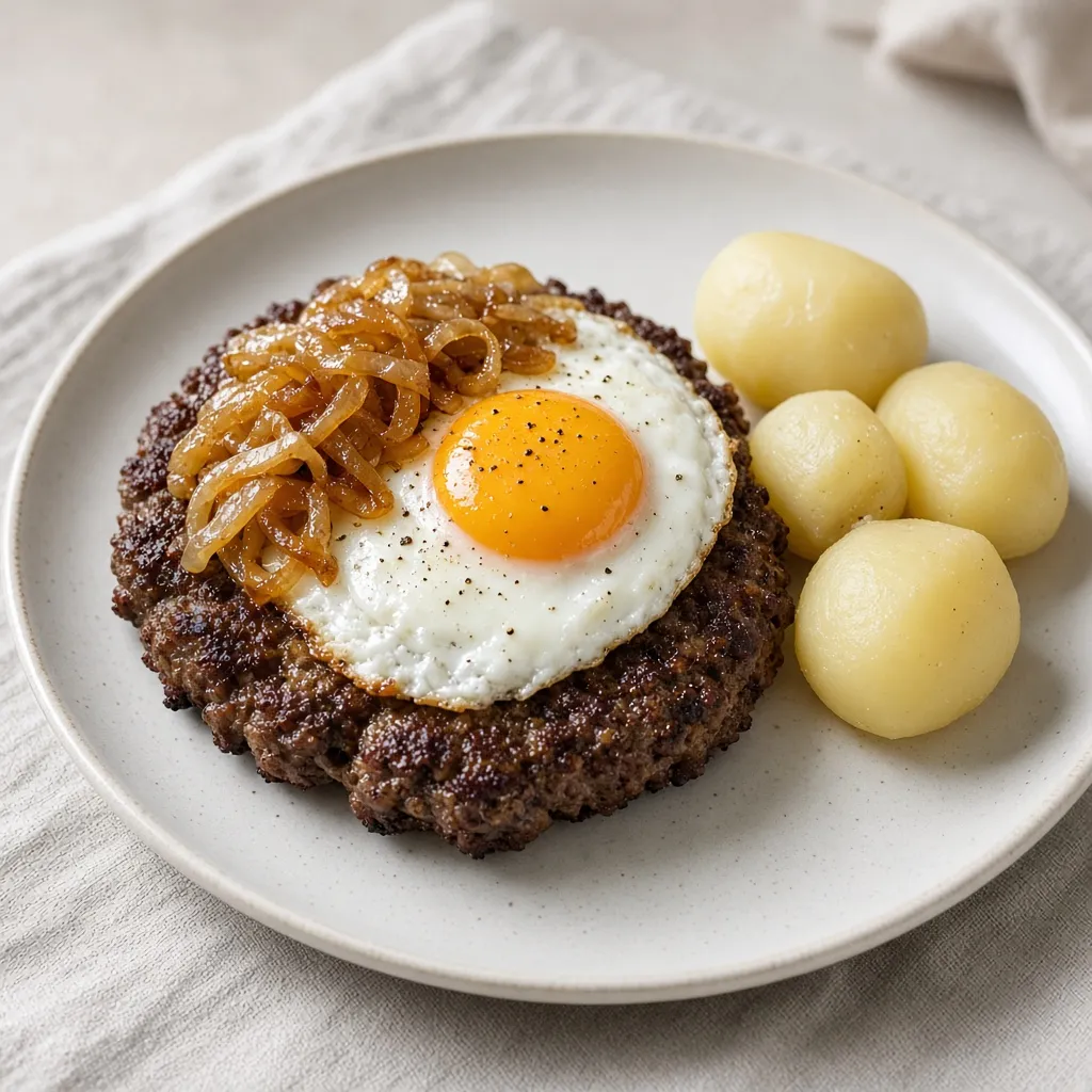 Steaks hachés classiques aux oignons fondants et oeufs au plat