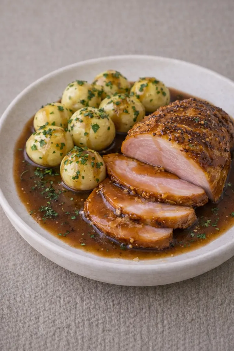 Klassischer Weihnachtsschinken mit Kartoffeln und Bratensoße