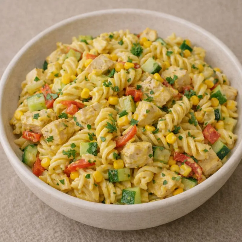 Cold pasta salad with chicken and curry dressing
