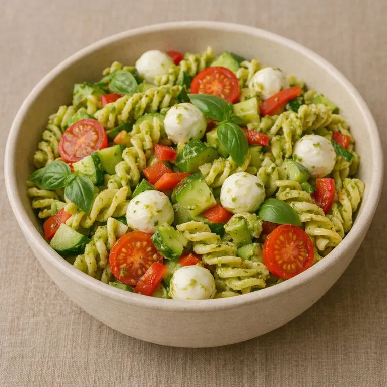 Kall pastasallad med pesto, grönsaker och mozzarella