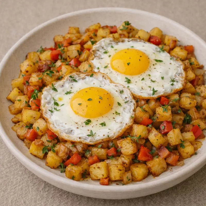 Krydret kartoffelhash med æg og timian – sprød og mættende