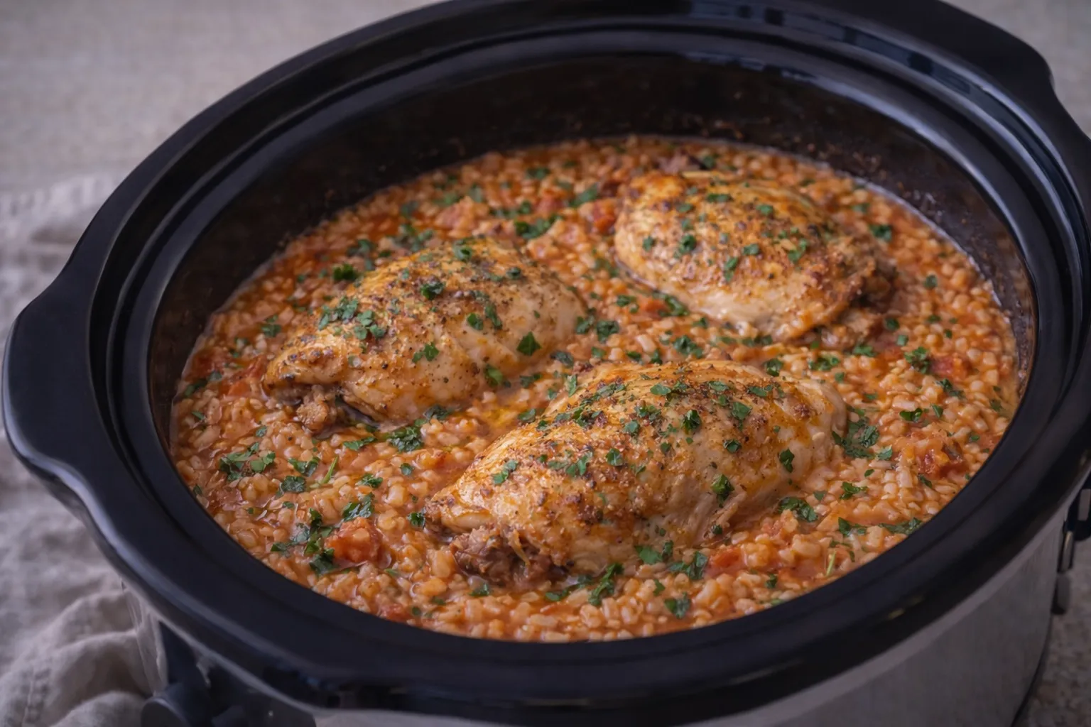 Hähnchen, Reis und cremige Paprika – One-Pot Slow Cooker