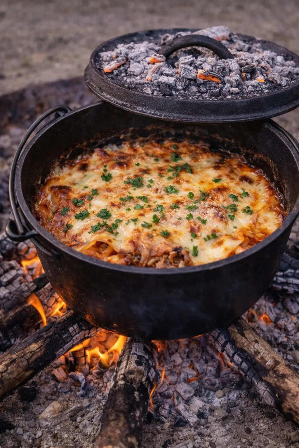 Lasagne over bål i støbejernsgryde