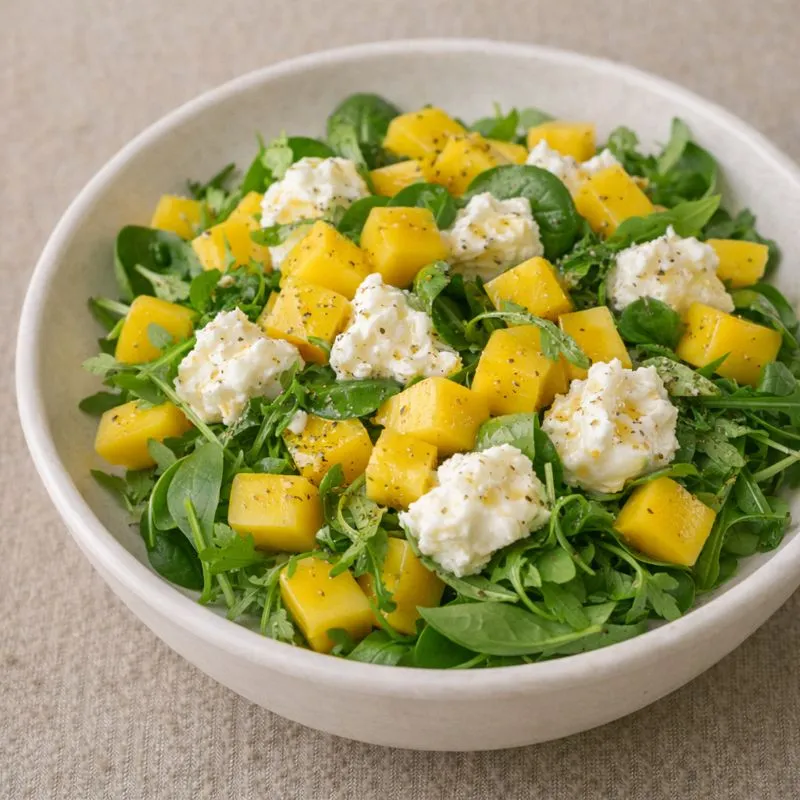 Let salat med mango og friskost – frisk, farverig og sommerlig