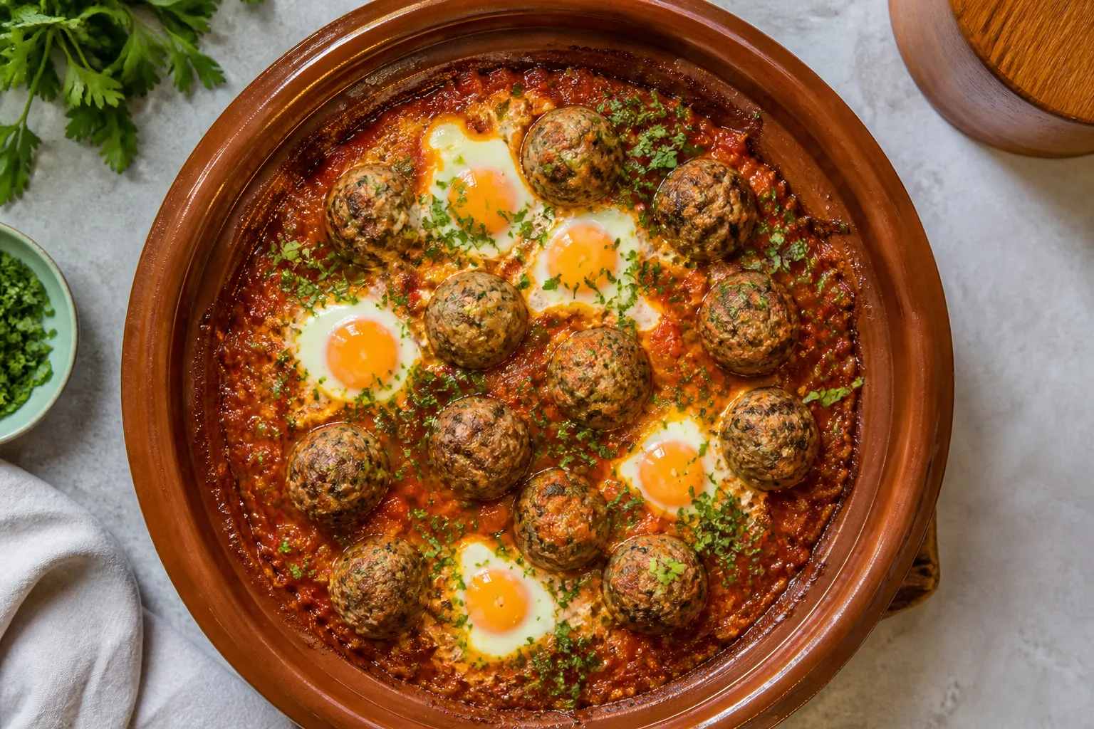 Kefta-tagine med egg i krydret tomatsaus