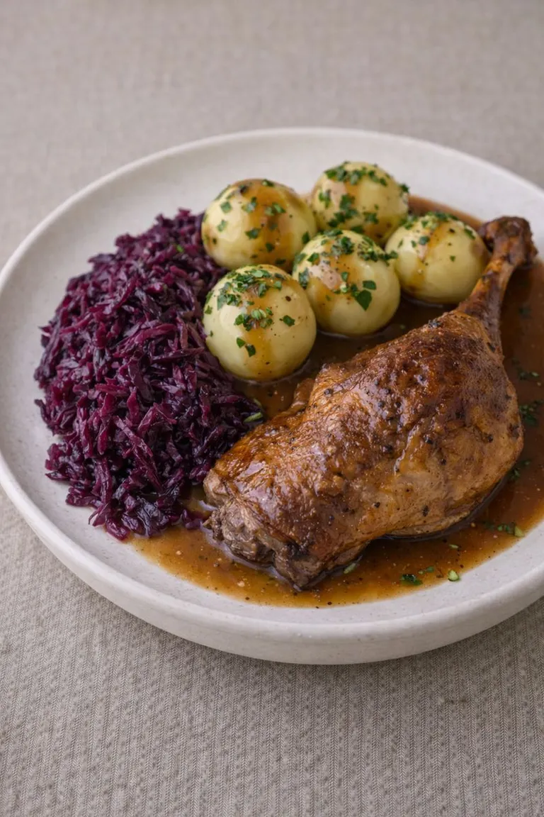 St. Martin's Eve duck with red cabbage and potatoes