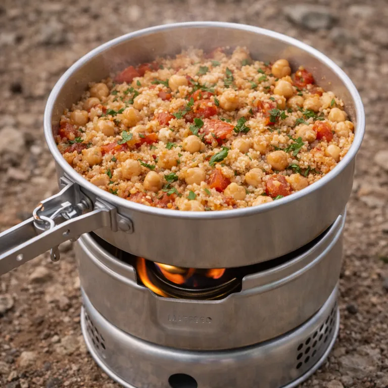 Outdoor-Couscous mit Kichererbsen und Tomaten auf dem Trangia