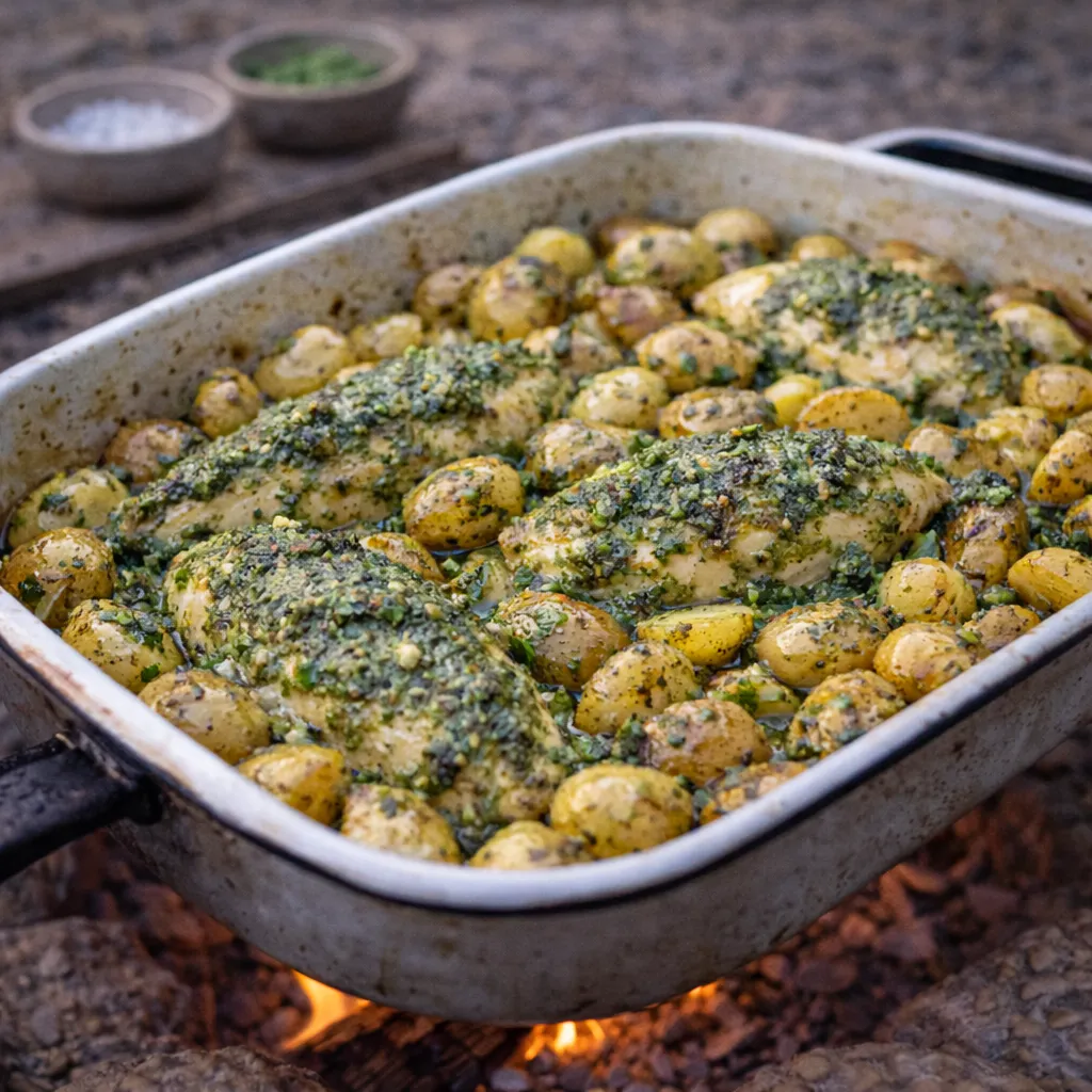 Outdoor chicken with pesto and potatoes in a baking dish