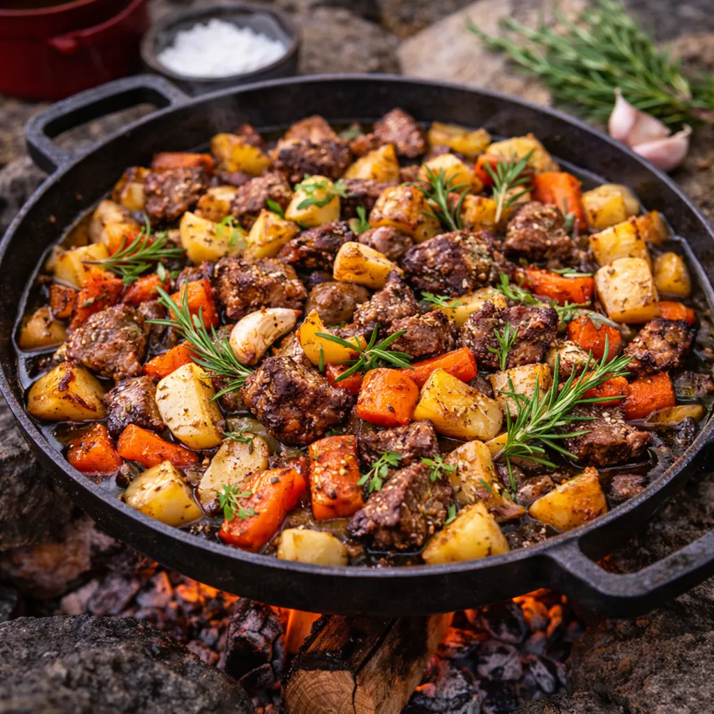 Outdoor lamb with garlic and root vegetables in a baking dish