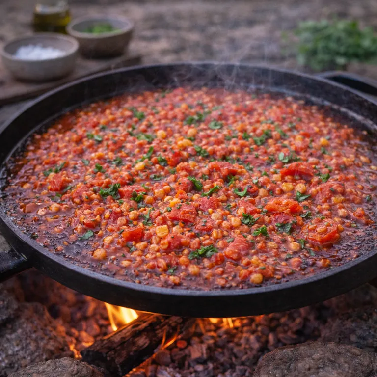 Camping-Linsen-Tomaten-Topf von der Grillplatte