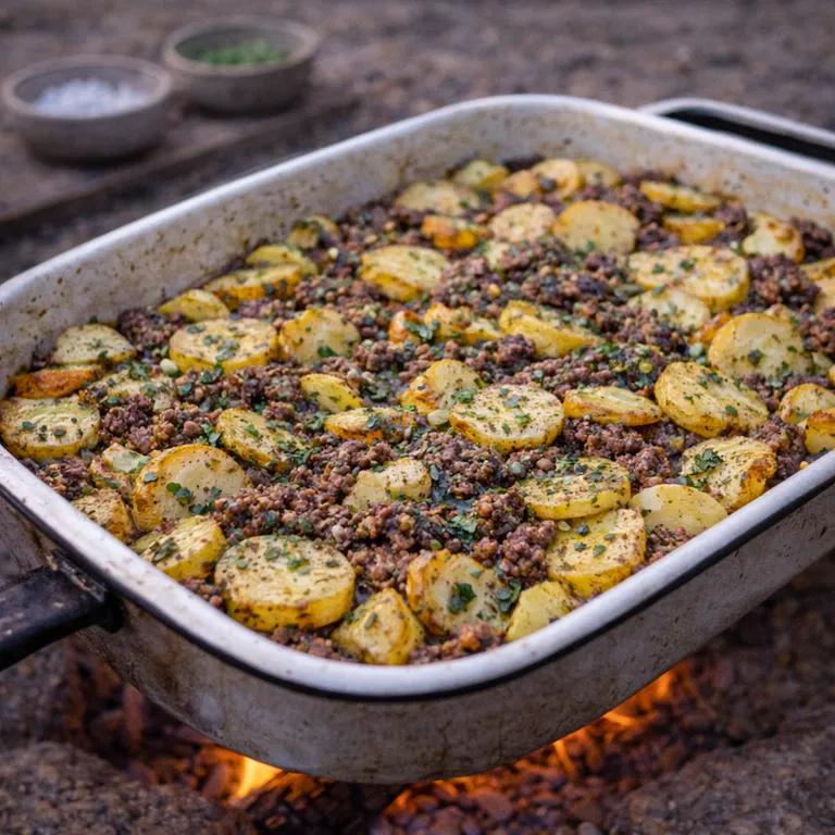 Camping-Hackfleisch mit Kartoffeln aus der Auflaufform
