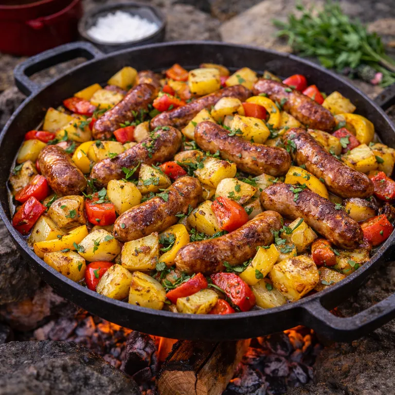 Camping-Bratwurst mit Kartoffeln und Paprika aus der Auflaufform