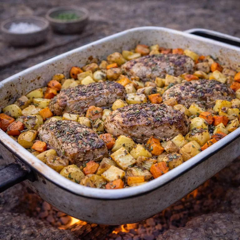 Camping-Schweinefleisch mit Wurzelgemüse aus der Auflaufform