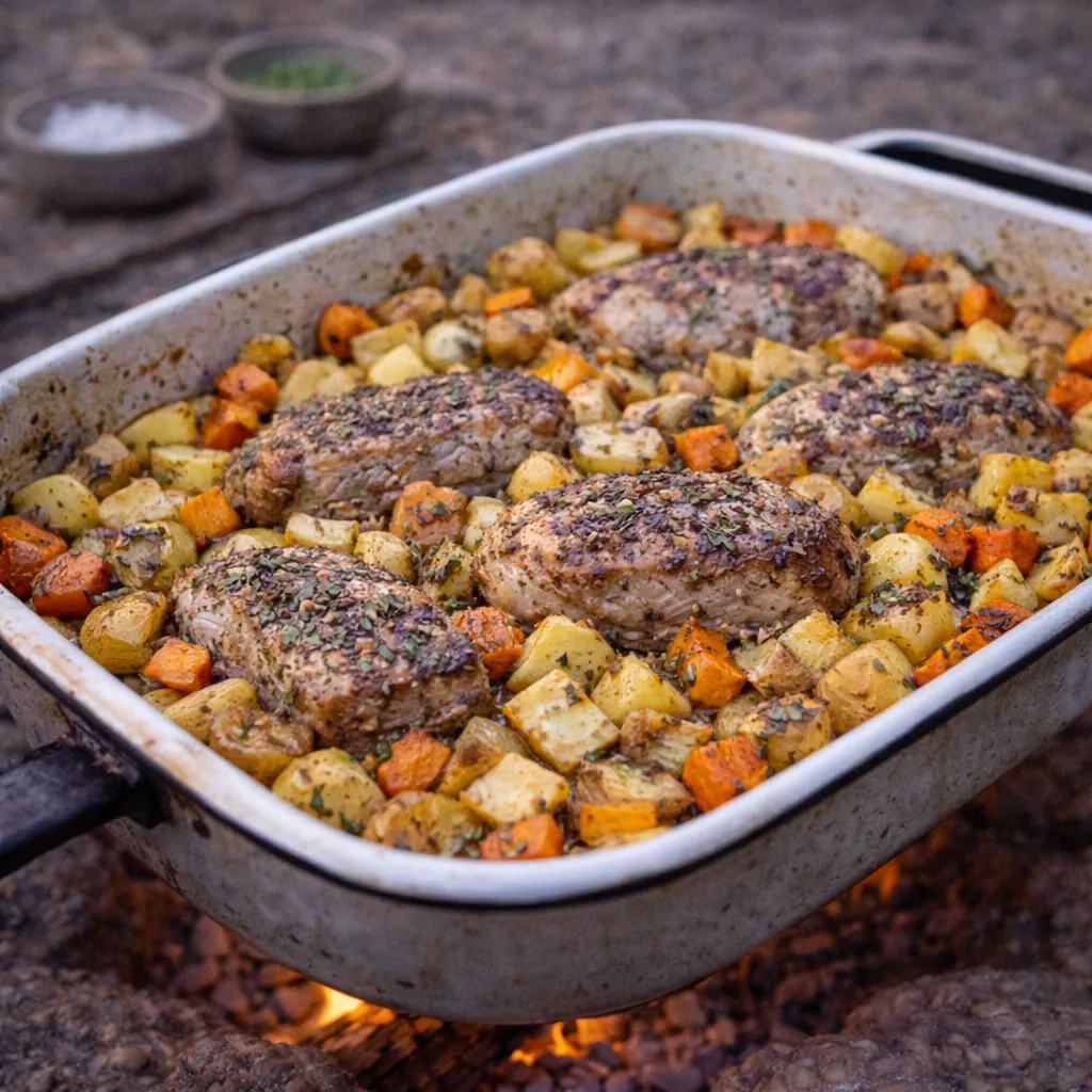 Camping-Schweinefleisch mit Wurzelgemüse
