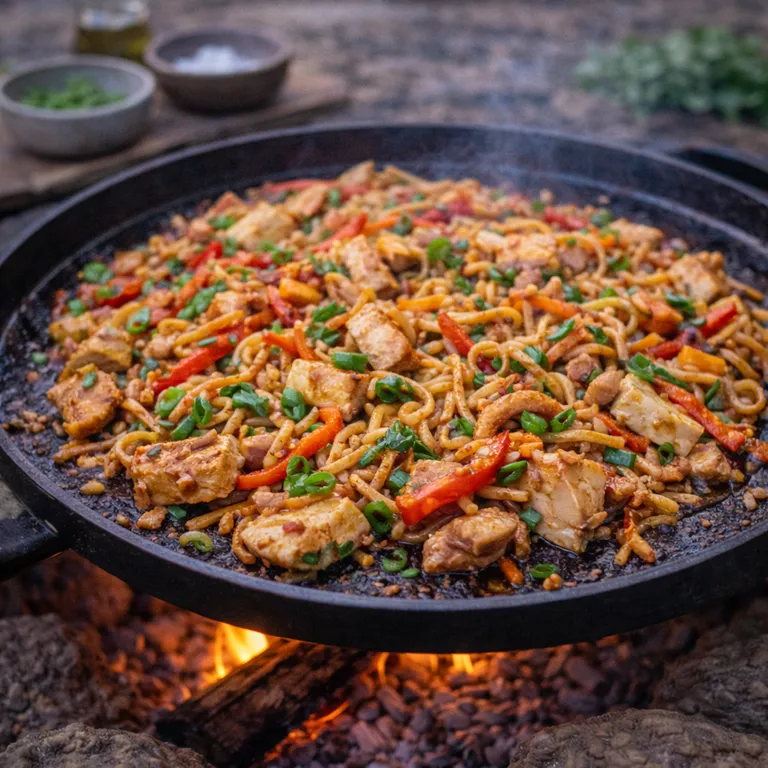 Camping-Wok mit Hähnchen und Nudeln