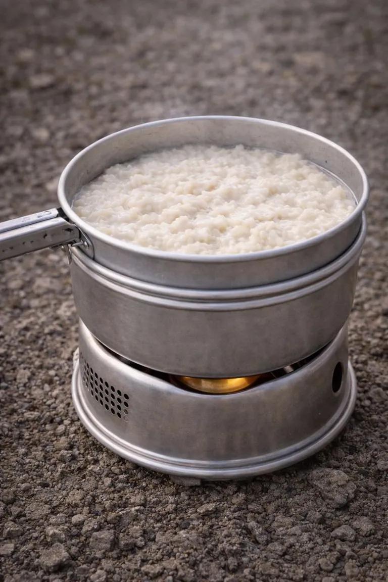 Overnight rice porridge on a Trangia