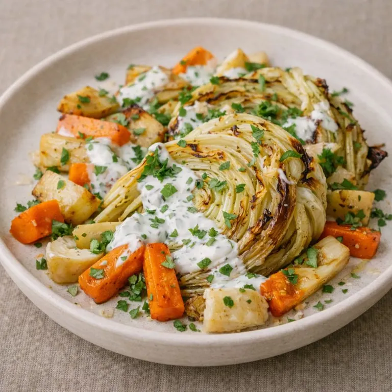 Oven-Roasted Cabbage with Vegetables and Yoghurt Dressing
