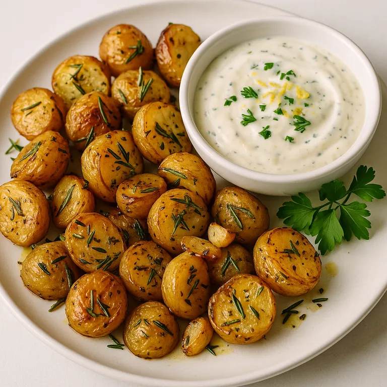 Ugnsbakade potatisar med vitlök, rosmarin och citronkräm