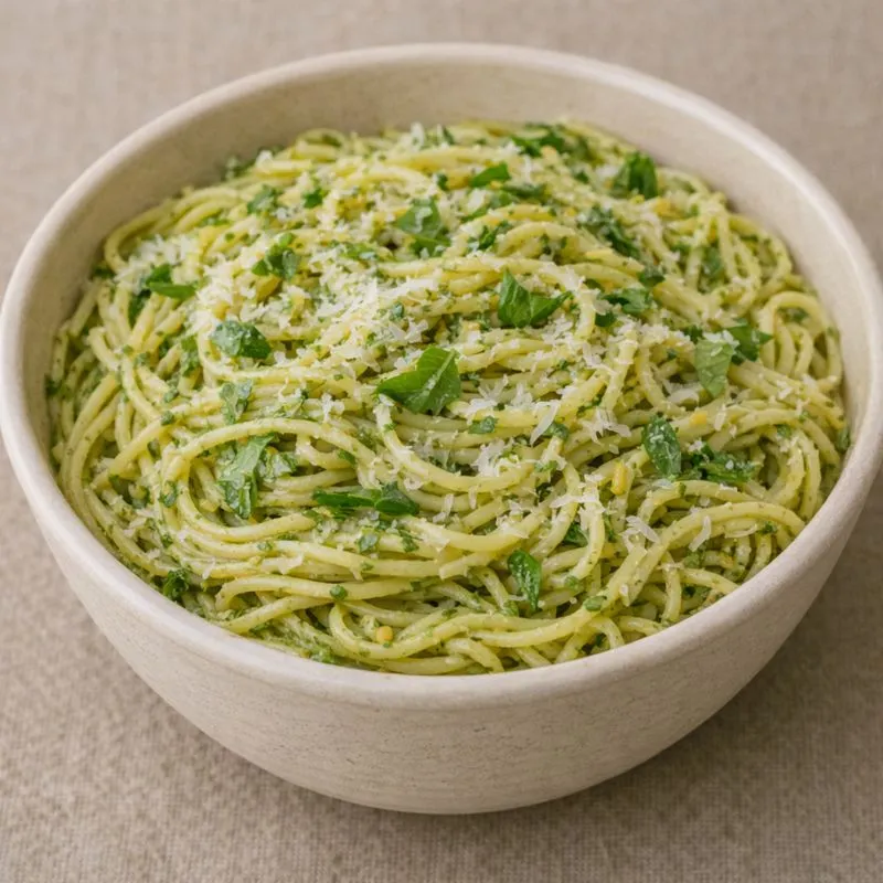 Pasta with green pesto and garlic