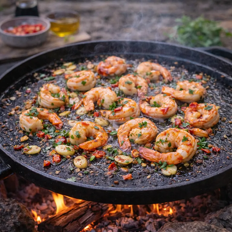 Garnelen mit Knoblauch und Chili auf der Grillplatte