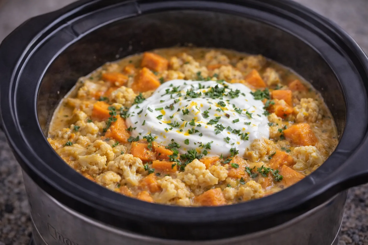 Sød kartoffel- og blomkålsgryde med citronyoghurt i slowcooker