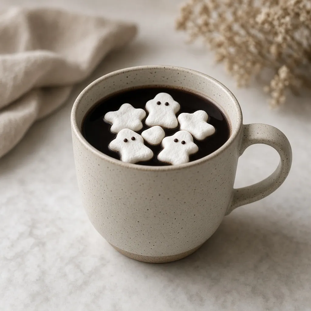 Sort Halloween-kakao med spøgelses-marshmallows