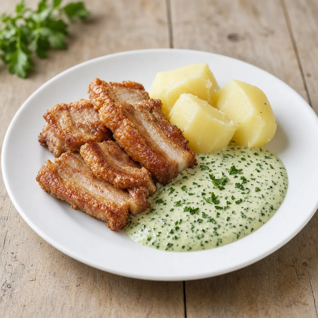 Lard frit à la sauce persil