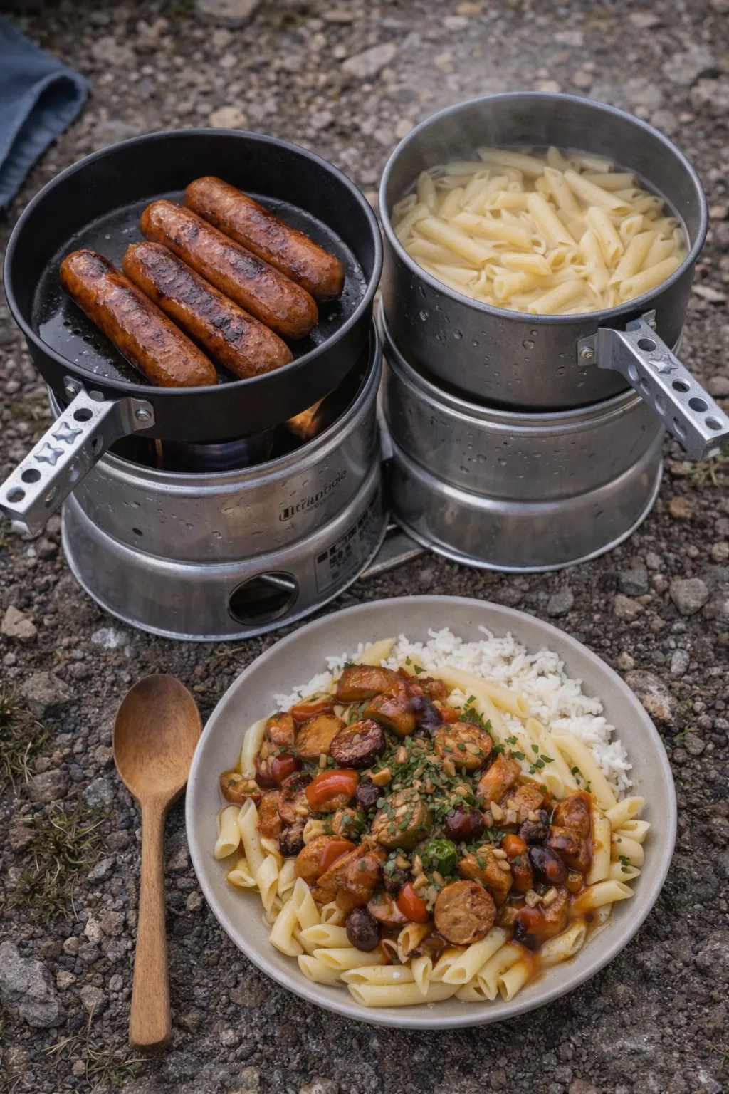Stekta korvar och pasta på Trangia | Nordmad