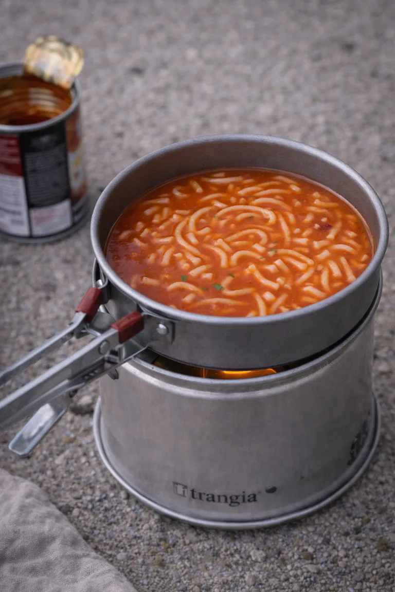 Tomatensuppe aus der Dose mit Nudeln auf dem Trangia