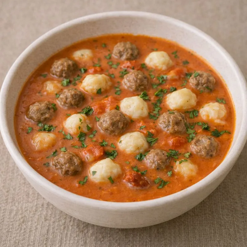 Tomatsuppe med melboller og kjøttboller
