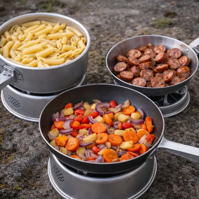 Pølser, pasta og grøntsager på Trangia