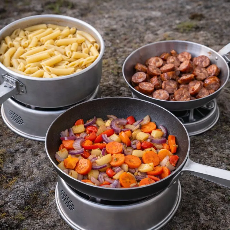 Outdoor pasta with fried sausages and vegetables