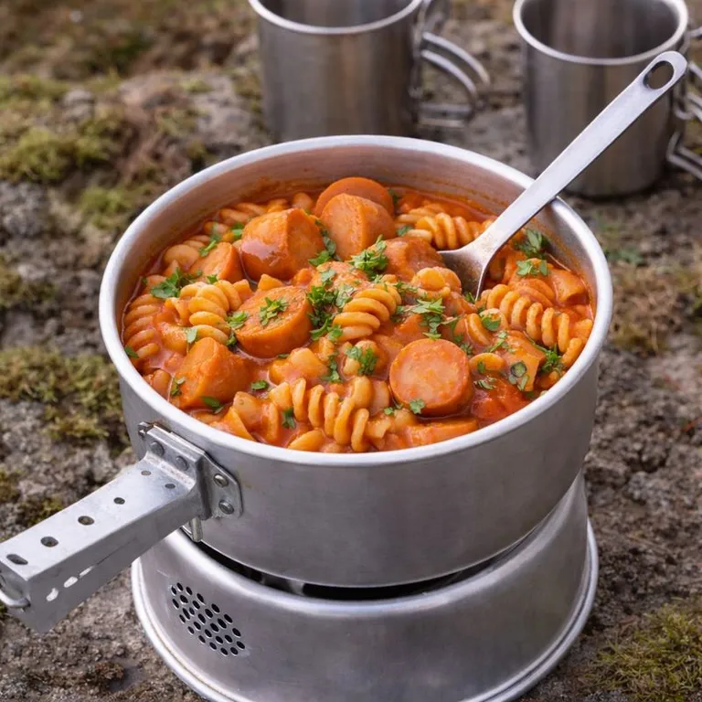 Trangia-Würstchen-Pasta aus einem Topf