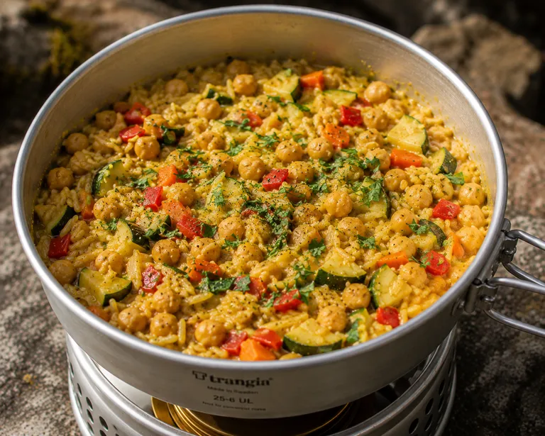 Trangia-Reisgericht mit Curry, Kichererbsen und Gemüse