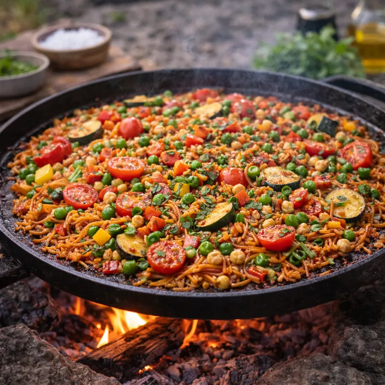 Vegetarische Paella mit spanischen Fideuà-Nudeln