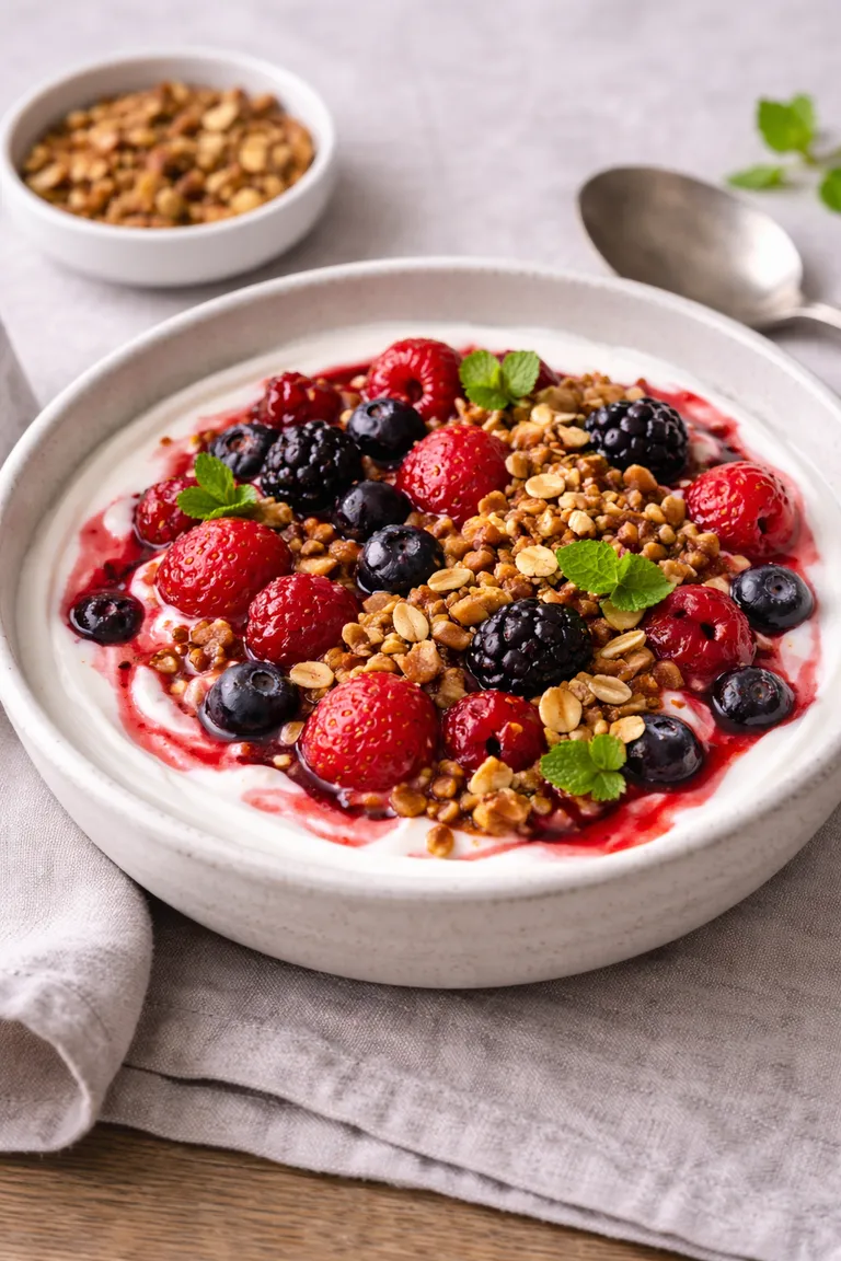 Yoghurt med bagte bær og nøddecrunch