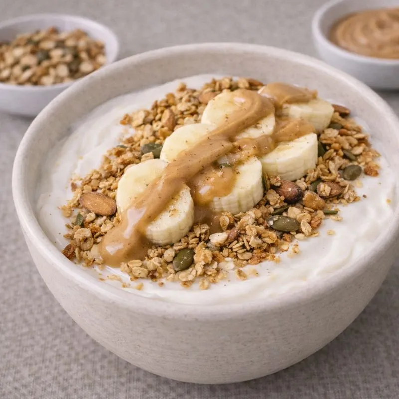Yoghurt med banan, jordnøddesmør og granola