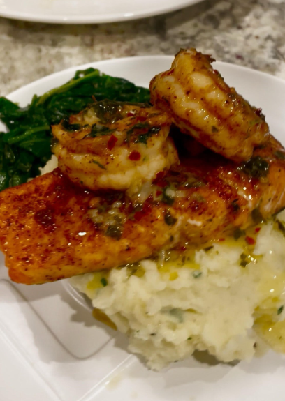 Date Night Blackened Salmon & Shrimp with Creamy Garlic Herb Mashed Potatoes & Buttered Spinach