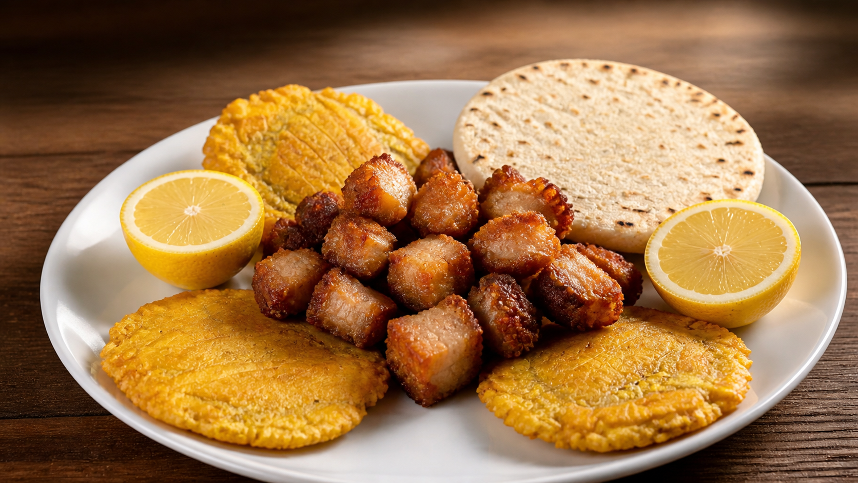 Chicharrón con patacón y arepa en La quindianita
