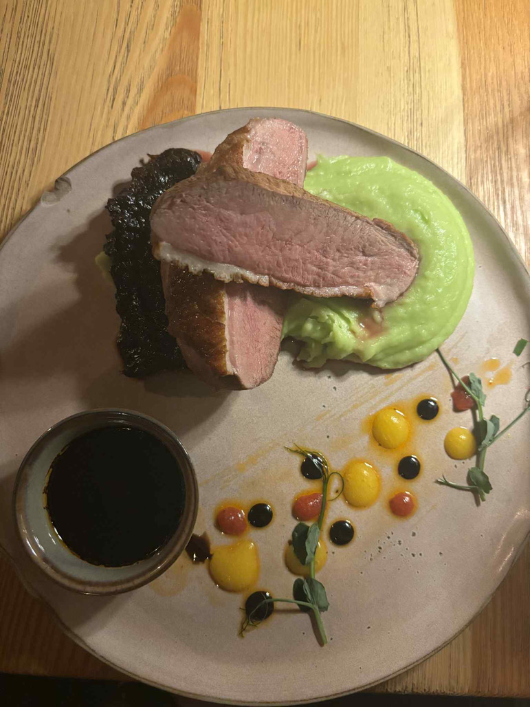 Anties krūtinėlė su karamelizuotų svogūnų džemu ir wasabi bulvių koše
Krūtinėlė 