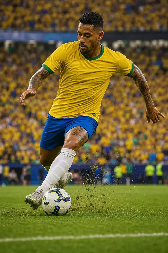Brazilian inspired football player dribbling the ball