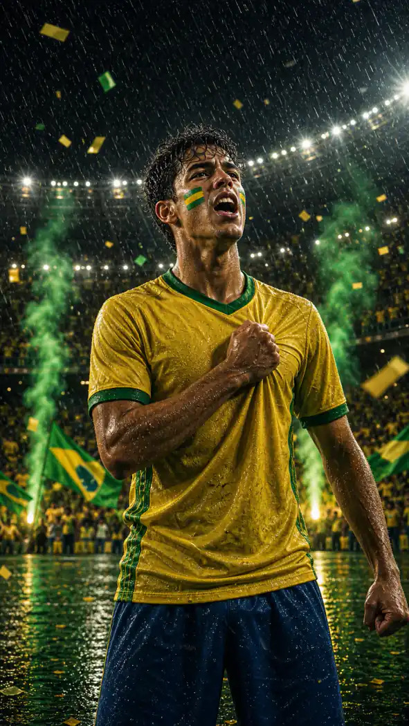 Dramatic rainy Brazil football poster
