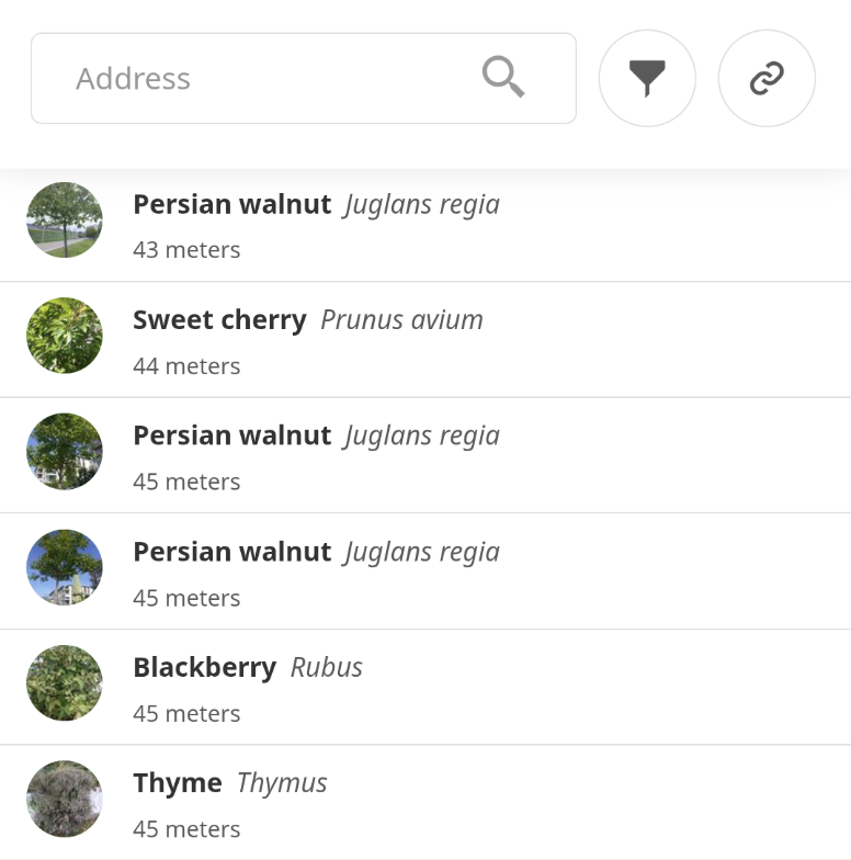 Falling Fruit map showing imported tree inventory records