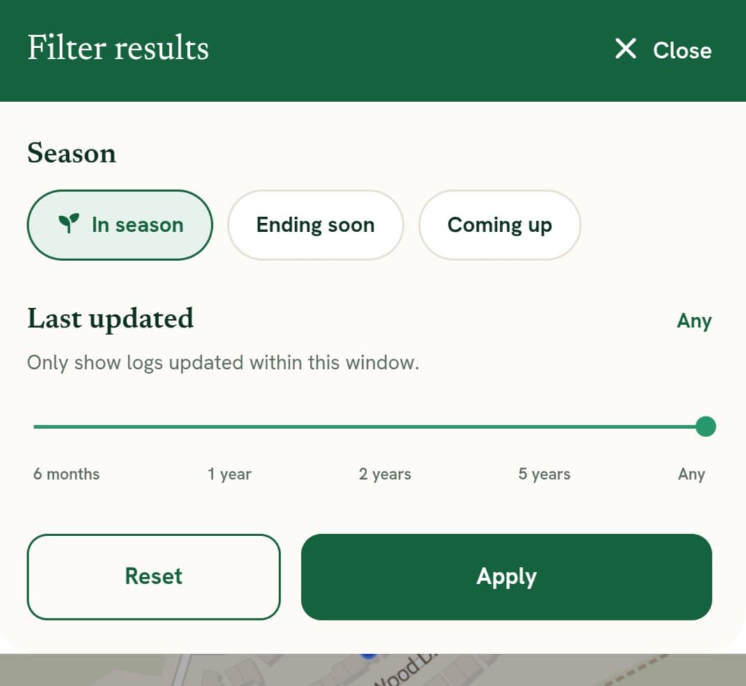 screenshot of foragers log new map filter view showing chip options and recency slider