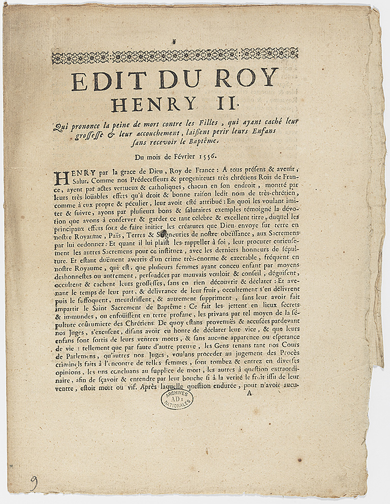 Edict of Henry II repressing infanticide and the concealment of pregnancy