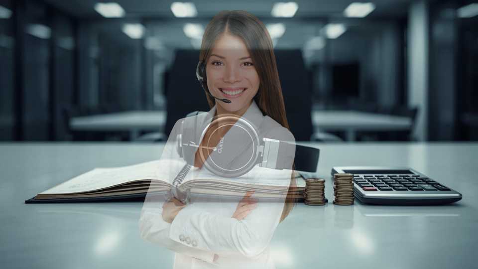 Teleoperador trabajando con auriculares en un call center moderno gestionando llamadas de clientes.